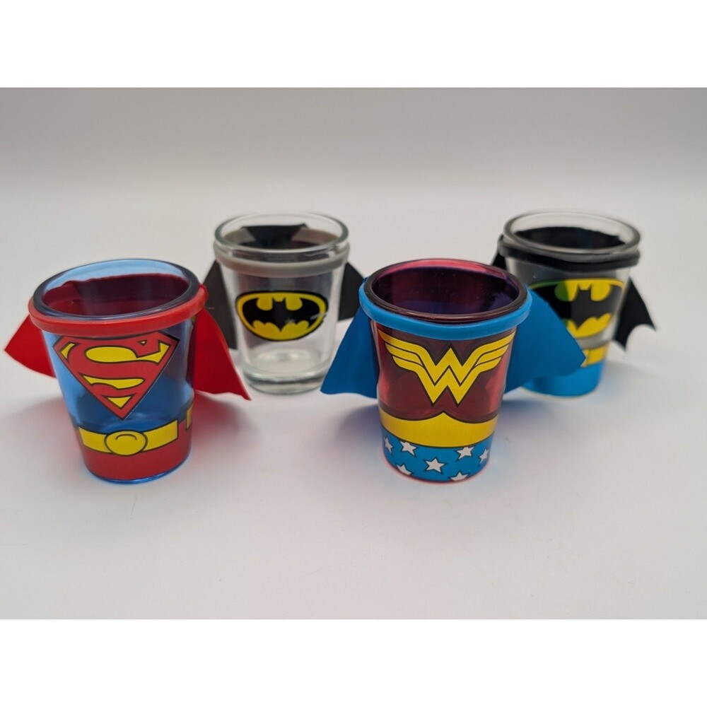 DC Comics Caped Shot Glass Lot of 4 Batman Superman Wonder Woman Costume